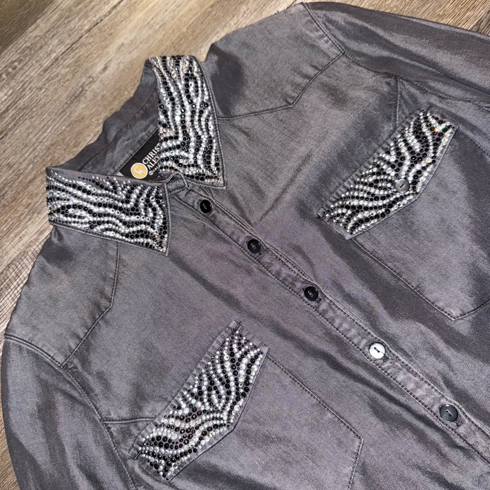 Christine Alexander Black Button-Down Shirt with Embroidered‎ Details